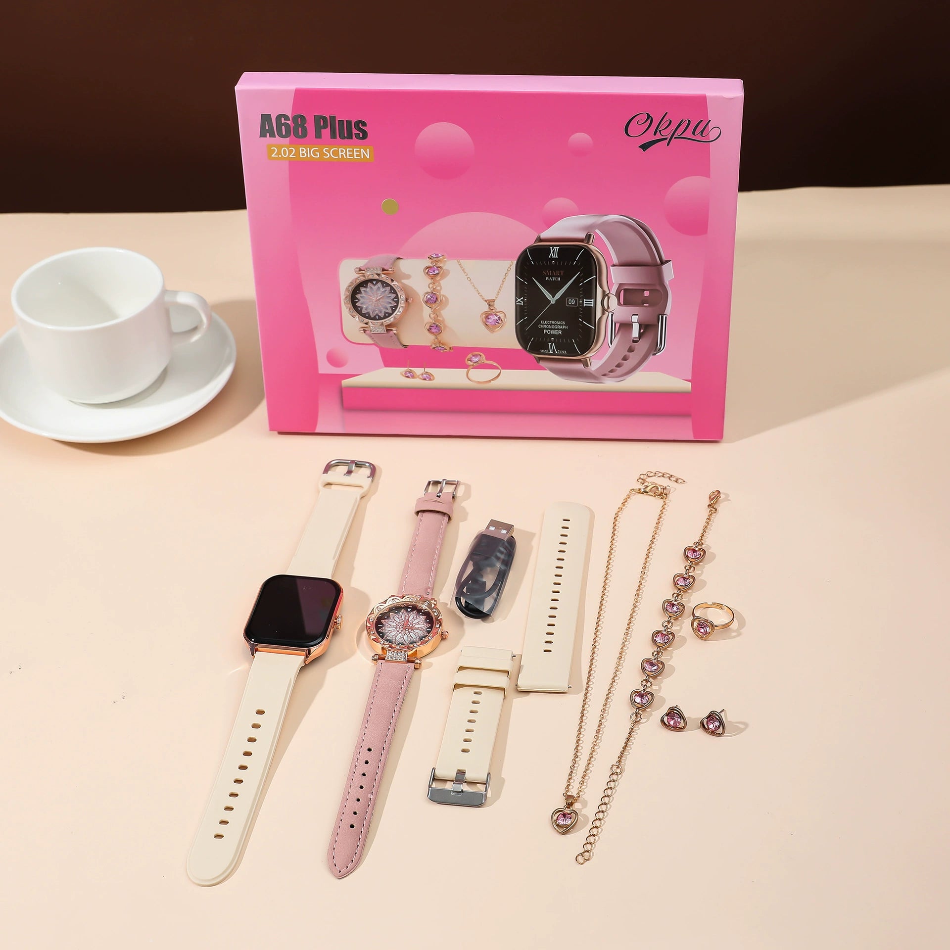 A58 Plus Smart Bluetooth Call and Full Diamond Small Gold Watch Full Jewelry set