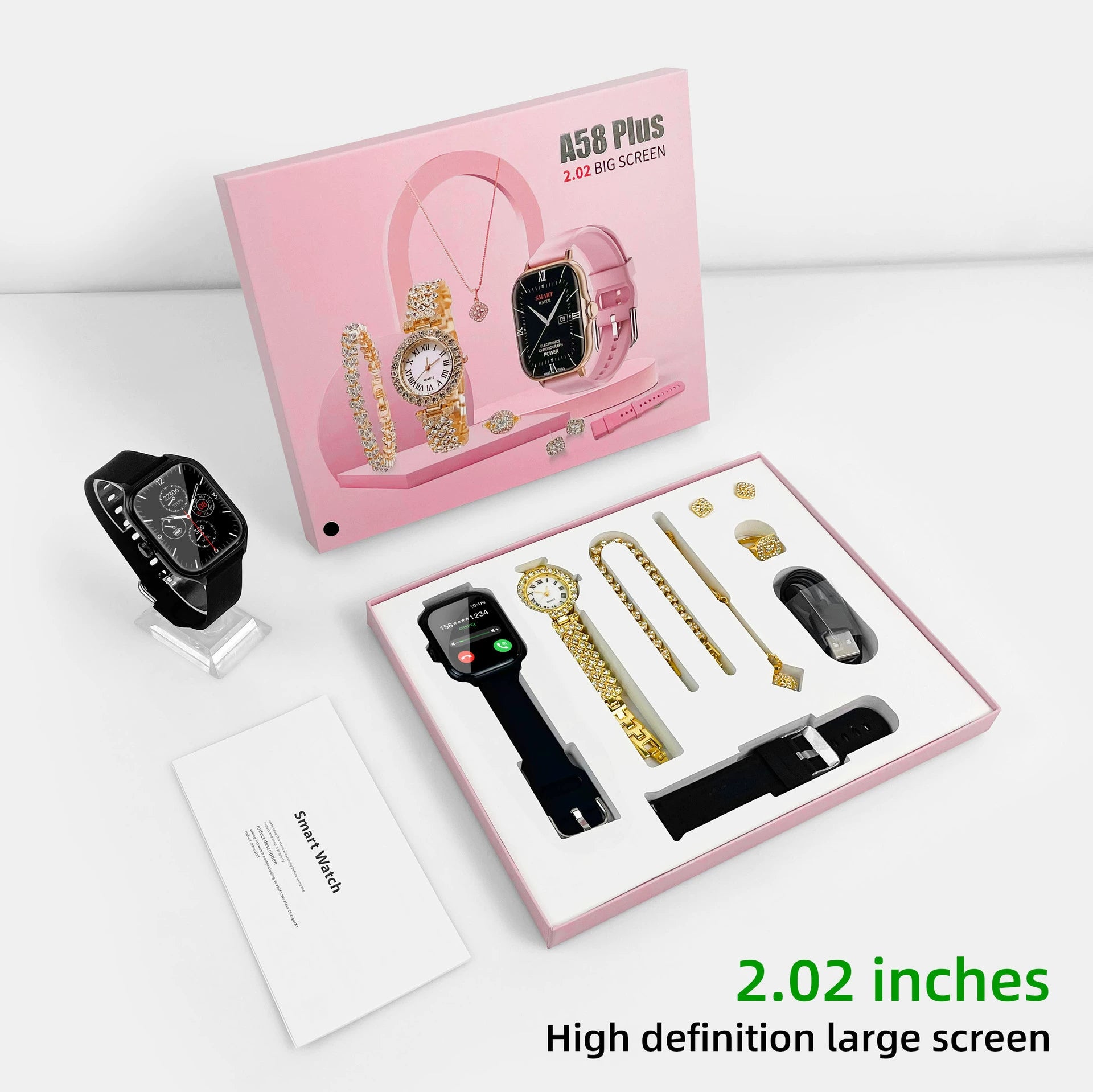A58 Plus Smart Bluetooth Call and Full Diamond Small Gold Watch Full Jewelry set
