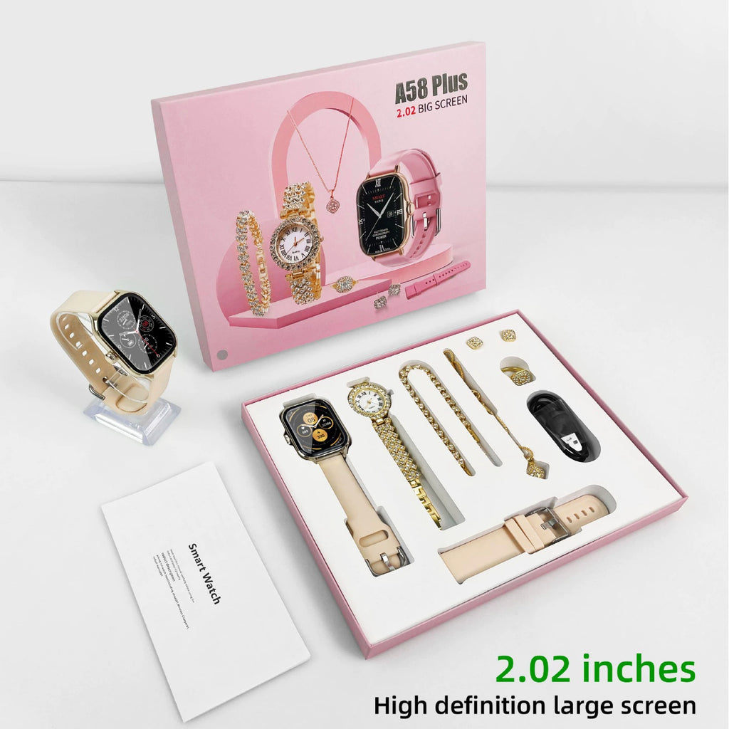 A58 Plus Smart Bluetooth Call and Full Diamond Small Gold Watch Full Jewelry set