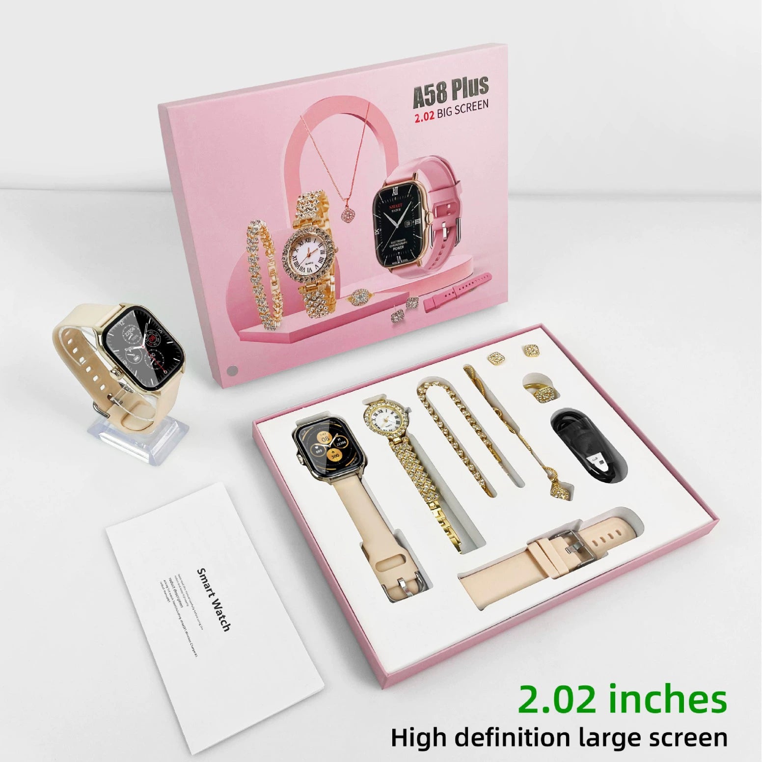 A58 Plus Smart Bluetooth Call and Full Diamond Small Gold Watch Full Jewelry set